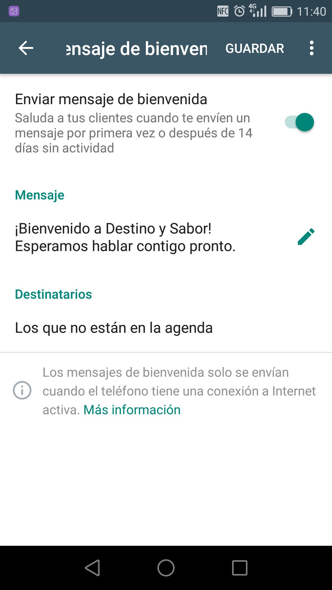 Screenshot mensaje de bienvenida a los nuevos contactos en Whatsapp Business